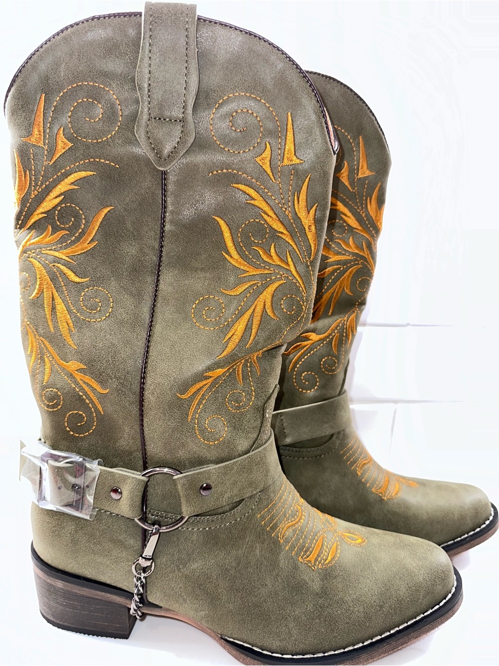 Olive Suede Western Boots with Mustard Embroidery - Women's